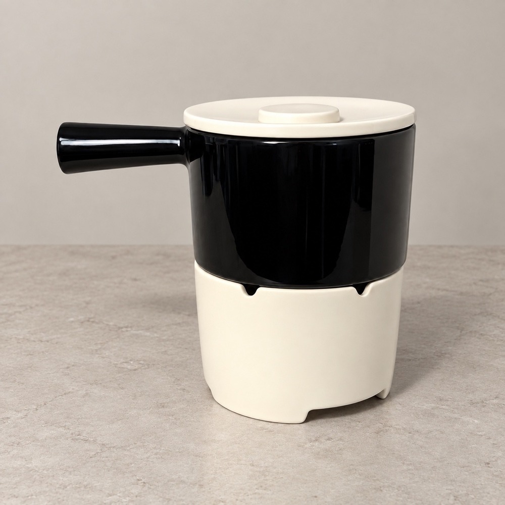 Treasure Craft USA Ceramic Fondue Set Black Cream VTG MCM Monochromatic 3 Piece